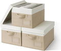GRANNY SAYS Storage Basket with Lid, Linen Fabric Storage Bins with Label, Decorative Storage Boxes, Clothes Storage and Organization, Memory Keepsake Box, 3-Pack, Khaki&Ivory