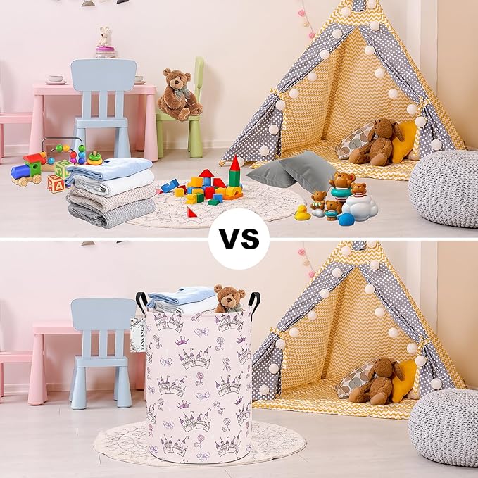 FANKANG Storage Basket, Nursery Hamper Canvas Laundry Basket Foldable with Waterproof PE Coating Large Storage Baskets for Kids Boys and Girls, Office, Bedroom, Clothes,Toys(Princess Castle)