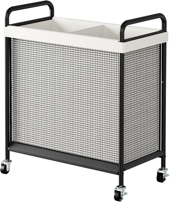 WOWLIVE Laundry Hamper 2 Section, 100L Rolling Laundry Basket with wheels and Removable Liner Bag, Double Laundry Sorter with Metal Handle, Clothes Hamper for Laundry Room, Bathroom and Dorm, Beige