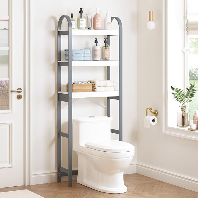 Spirich Over The Toilet Storage Shelf, 3-Tier Over Toilet Bathroom Organizer, Space-Saving Above Toilet Storage Shelf Rack with Bamboo Frame, Gray