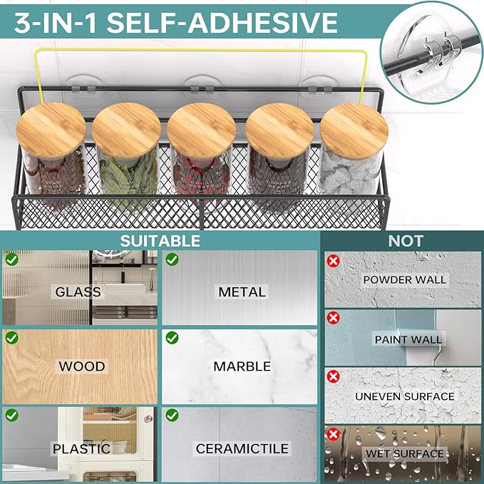 DTUQTX Spice Rack Wall Mounted 6 Pack: 100% Metal & Strong Adhesive Spice Organization for Kitchen Cabinet/Pantry Door, No Drill Hanging Seasoning Organizer with Paper Towel Holder, Utensil Caddy