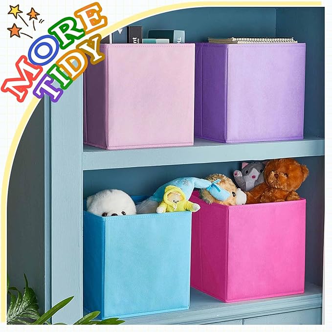 Yinder 4 Pcs Cube Storage Bin Pink 11'' Storage Bins for Playroom Decor Colorful Bins for Kids Purple Foldable Baskets for Nursery Organizer Boxes Fabric Boxes