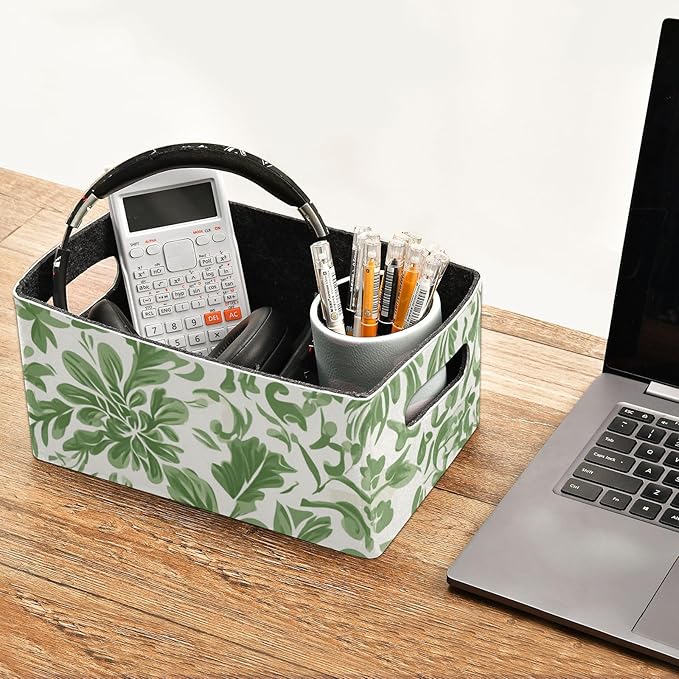 Closet Storage Bins 2 Pcs Felt Open Home Storage Containers Organizer with Handles Collapsible Shelf Basket for Home Office Craft Room Classroom Fabric Green Vintage Flower Bohemian