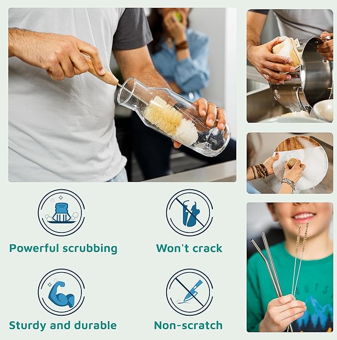 Bamboo Dish Brush Set – Eco Kitchen Cleaning Kit | Bottle Brush, Straw Brush, Scrubber & Sponge | Plastic-Free, Space-Saving, Sustainable