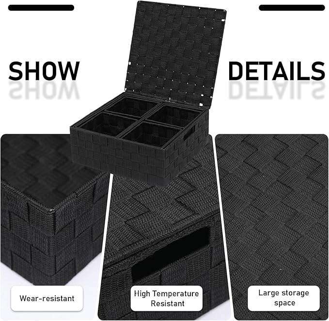 Woven Storage Bins with Lids, Set of 8, Polypropylene Storage Baskets with Metal Frame, Stackable Fabric Boxes for Drawers, Closet, Shelf, Nursery and Office, Black