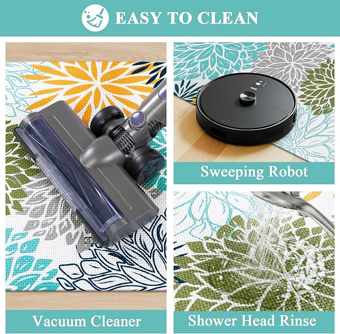 Vaukki Bathroom Rug Set 3 Piece, Non Slip Absorbent Rubber Backed Floral Bath Floor Mat Fit Under Door, Ultra Thin Quick Drying Bath Rug for Shower, Tub and Toilet, 17"x26"+17"x32"+17"x24"U, Teal
