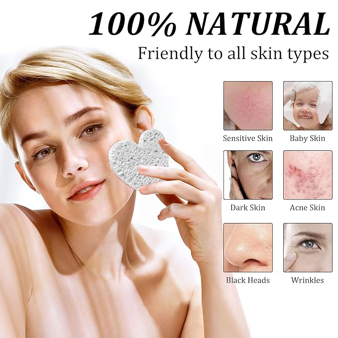 60-Count Kickleen Compressed Cellulose Heart Shape Facial Sponges | 100% Natural Cosmetic Spa Sponges for Facial Cleansing | Exfoliating | Makeup and Mask Removal | Reusable |Skin Massage (White)