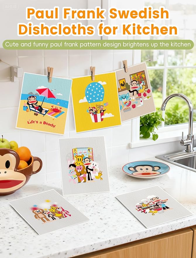 Paul Frank Swedish Dishcloths for Kitchen, 6 Pack Funny Swedish Dish Cloths Reusable Paper Towels, Super Absorbent Dish Cloths Washable Non-Scratch for Home Kitchen, Cellulose Sponge Cloths No Odor