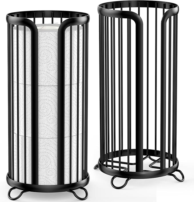 Bunoxea Toilet Paper Holder Stand, Freestanding Toilet Tissue Organizer, Minimalistic Storage Solution, Reserve Mega Rolls,Modern Black-2PACK