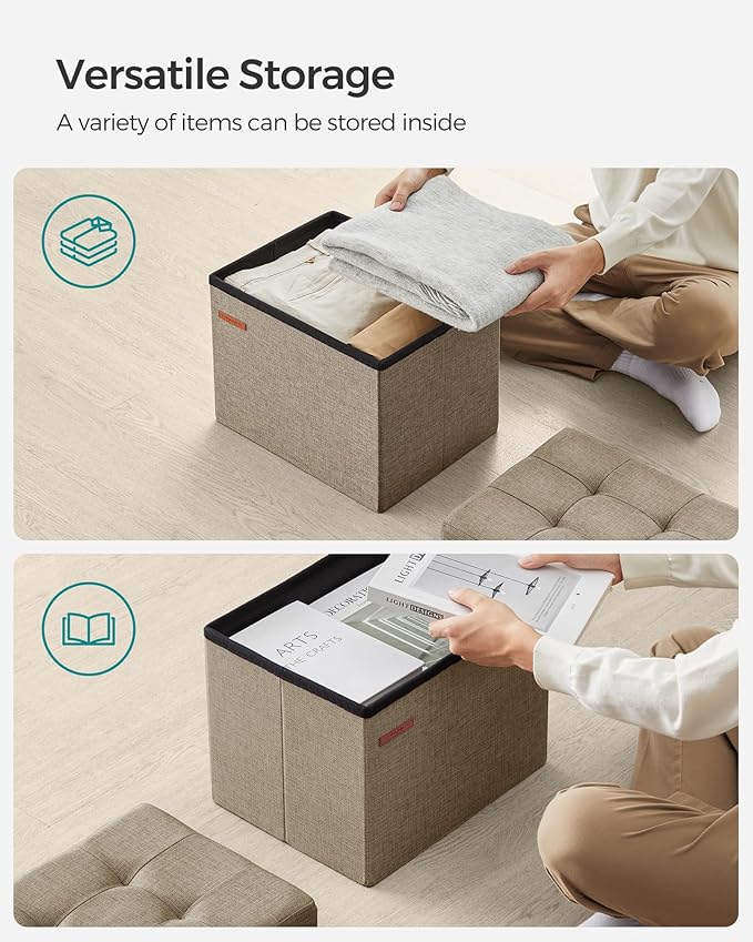 SONGMICS MAZIE Collection - Small Folding Storage Ottoman, Foot Rest Stool, 12.2 x 16.1 x 12.2 Inches, 286 lb Load Capacity, for Living Room, Bedroom, Home Office, Dorm, Light Taupe ULSF102K01