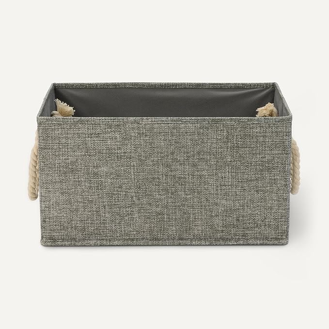 Amazon Basics Foldable Storage Bins with Rope Handles, Closet Organizers, Storage Baskets for Organizing, Large, Charcoal, 3-Pack