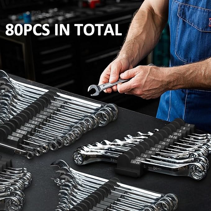 80 pcs MAGNETIC Modular Wrench Organizers for Tool Drawers - Wrench Rack with Metric & SAE Labels, Perfect Tool Storage Holder. Gift for father, brother and boyfriend (With Magent) (Black)