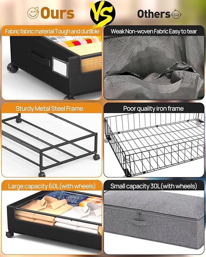 Underbed Storage with Wheels, Square Under Bed Storage Containers, 60L Under The Bed Storage, Rolling Under The Bed Storage Metal Drawer for Clothes, Blankets, Shoes...