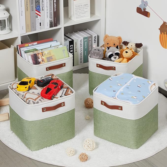 HNZIGE Fabric Storage Cubes Set of 4, 12 x 12 Decorative Bins for Shelf, Toy and Dog Toy Baskets for Kids (Green White)