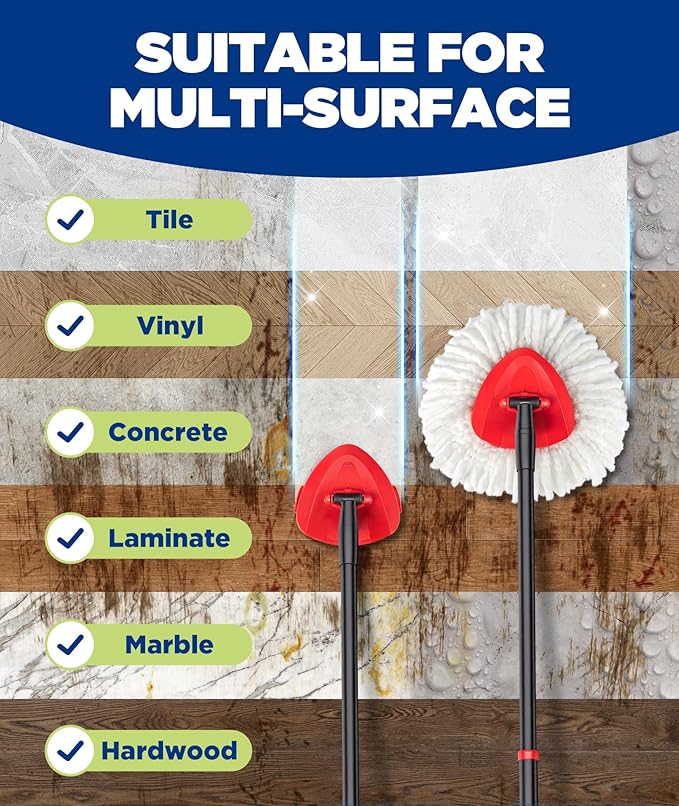 6-in-1 Mop Heads Replacements for O Cedar EasyWring 1 Tank System, Includes 1 Base | 2 Scrub Brush Heads | 3 Spin Mop Heads, Full Set Mop Replace Heads for Cleaning Home, Bathroom & Kitchen