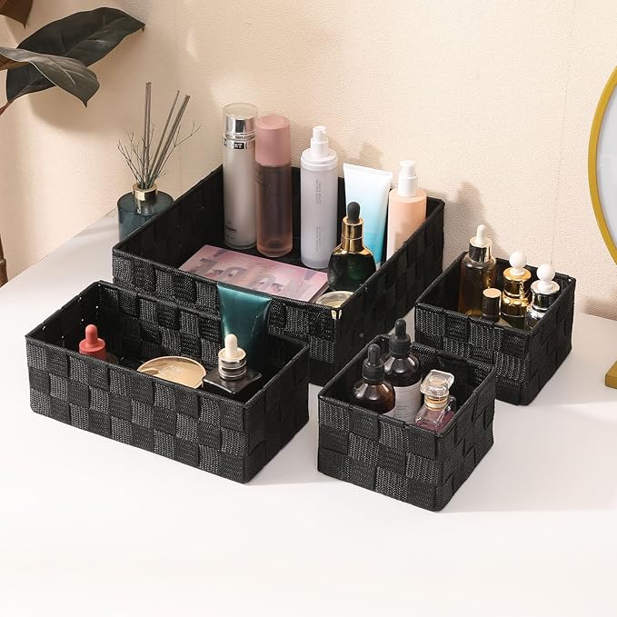 Woven Storage Baskets Set of 4, Stackable Fabric Storage Bins with Metal Frame for Closet, Shelf, Drawer, Nursery, and Office Organization – Polypropylene Organizer Boxes, Black