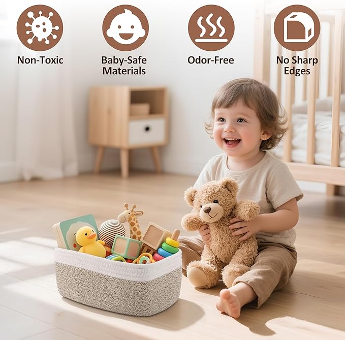 5-Pack Small Woven Rope Storage Baskets – 2 Sizes Organizer Bins for Closet, Shelf, Bookshelf, Nursery, Changing Table, Fabric Cube Boxes, Rectangular Shallow Bins for Bathroom, Toy & Home