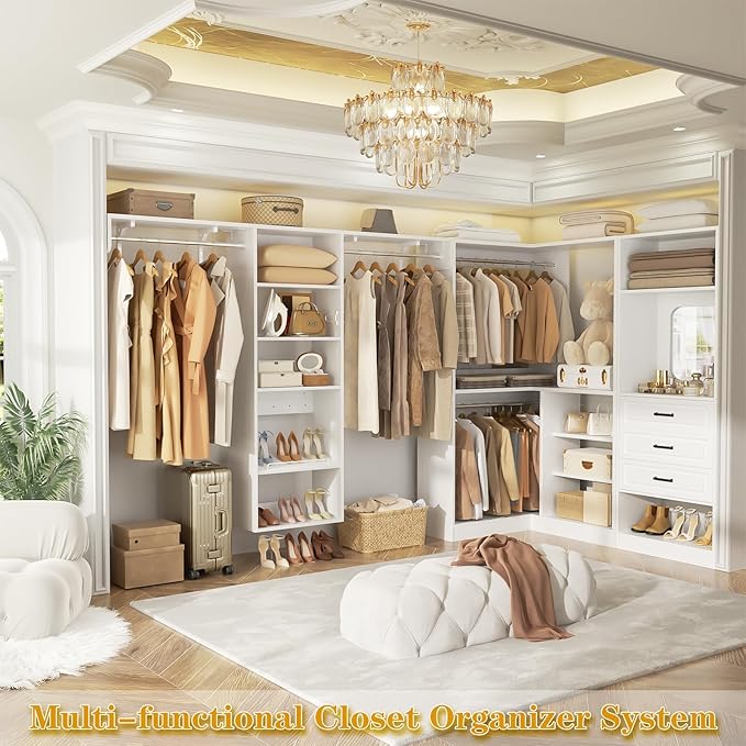 Unikito Modular Closet System with 3 Sets, 131”Corner Closet Organizer System With Mirror, Drawers, Hanging Rods & Adjustable Shelves, Freestanding Wood Wardrobe Organizer, Walk in Closet Tower, White