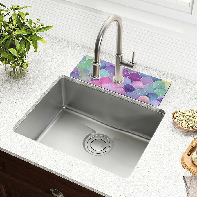 Kitchen Sink Splash Guard 1 PC 30 Inch Sink Faucet Mat Splash Guard for Bathroom Countertop Water Absorbent Foldable Cuttable Soft Washable Watercolor Mermaid Scales Colors