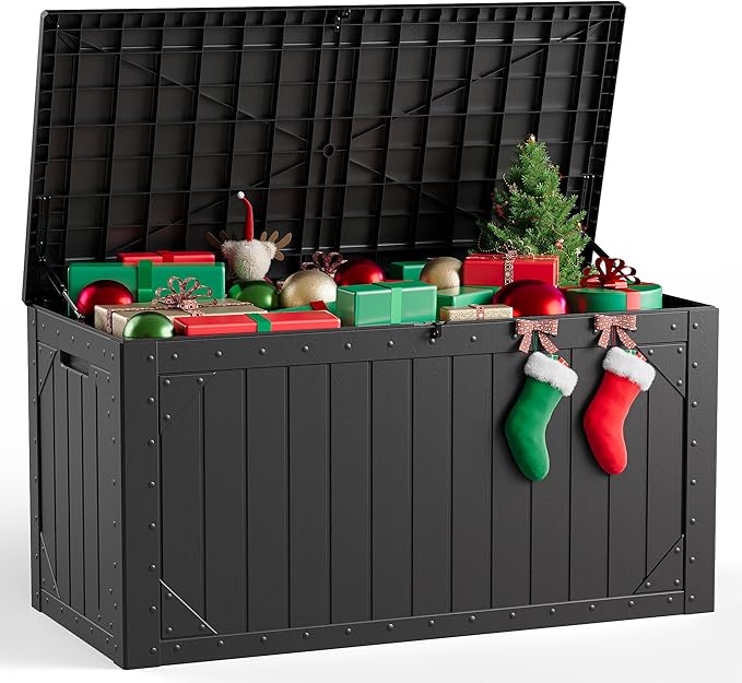 Outdoor Storage Box,100 Gallon Deck Box Outdoor Storage Bench Outside Waterproof Resin Storage Bench, Lockable Patio Cushions, Garden Tools Storage For Furniture, UV Resistant
