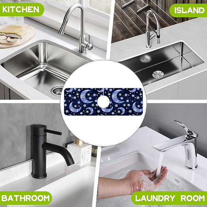 Kitchen Sink Splash Guard Faucet Mat Super Absorbent Fast Drying Mat Guard Behind Faucet Drip Catcher for Kitchen Bathroom (Blue Stars Crescent Moon, 23.5"X5.5")