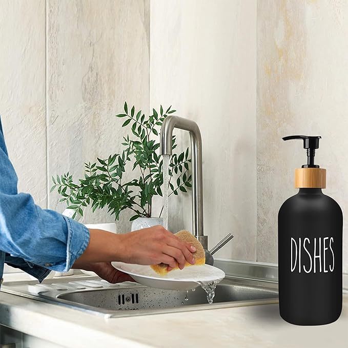 16 OZ Thick Black Glass Soap Dispenser, Bamboo Pump with Tray 2 Pack, Hand and Dish Soap Dispenser Set for Bathroom with 6 Waterproof Labels