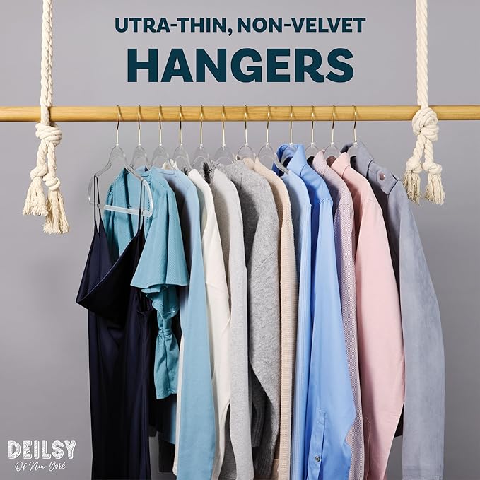 DEILSY™ Clear Hangers 50 Pack with Gold Hook - Non Velvet Slim Hangers - Durable Hanger Space Saver for Closet Organization, Shirts, Dresses, Jackets, Pants, Adult Clothes Storage Solution