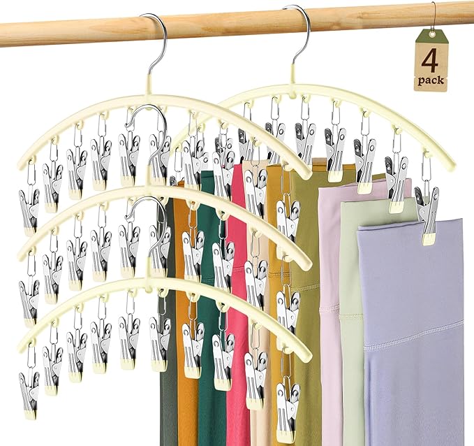 Legging Organizer for Closet, Metal Yoga Pants Hangers 4 Pack w/10 Clips Holds 40 Leggings, Space Saving Hanging Closet Organizer w/Rubber Coated Closet Organizers and Storage, Ivory