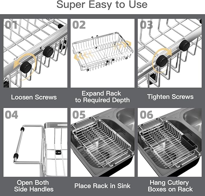 Small Expandable Over The Sink Dish Drainer Drying Rack In Stainless Steel Metal For Kitchen, Counter Space Saving Compact Above Plate Dryer Strainer, Adjustable Hanging Inside Sink Wire Drain Holder