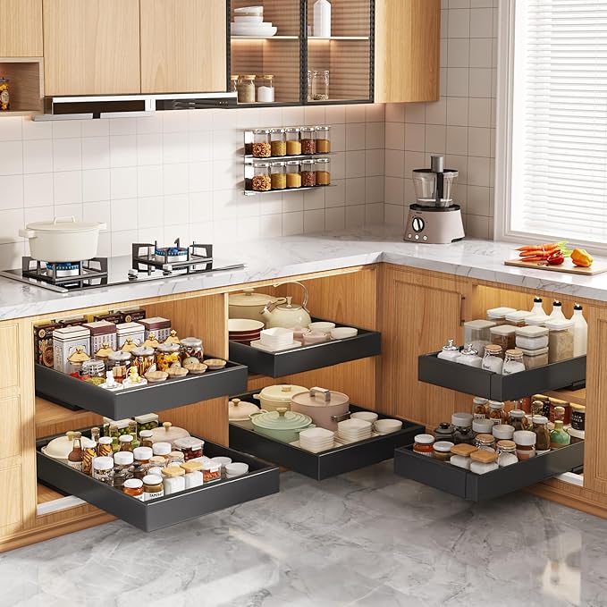 4 Pack Pull Out Cabinet Organizers 21" Deep With Raising Pad for Framed Cabinets, Expandable Width (9"-14") Slide Out Drawers Upgrade 3 Slide Rails, Roll Out Shelves Adhesive, Black