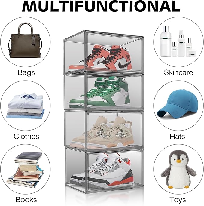 2 Pack Acrylic Shoe Box for Closet Clear Stackable Size 12 Shoe Storage Bins with Magnetic Lids, Stackable Boot Handbag Organizer Containers for Shoes, Figure, Collectible, Purse