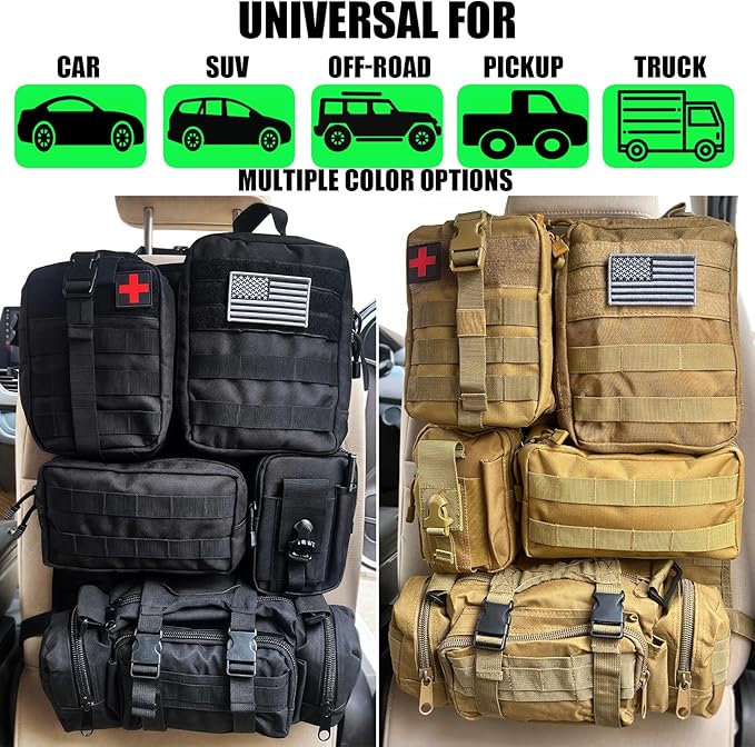 7 PACK Tactical Seat back organizer Truck organizer With 6 Detachable Pouches Universal For Car Truck Ford Jeep Military-Grade Heavier Panels With Multi-functional Packs (Army green)