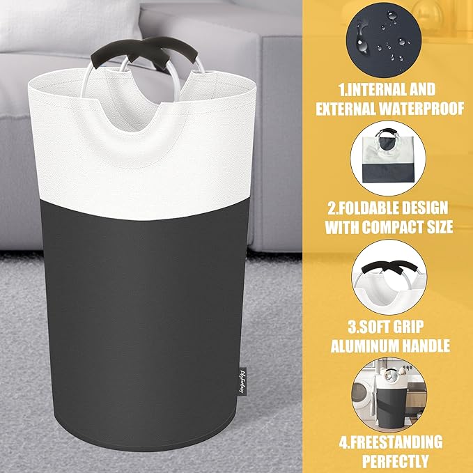 100L Laundry Basket, Collapsible Laundry Hamper with Padded Handles, Waterproof Laundry Bag, Tall Clothes Hamper Stand Up Well, Foldable Laundry Baskets for Easy Storage(Grey)