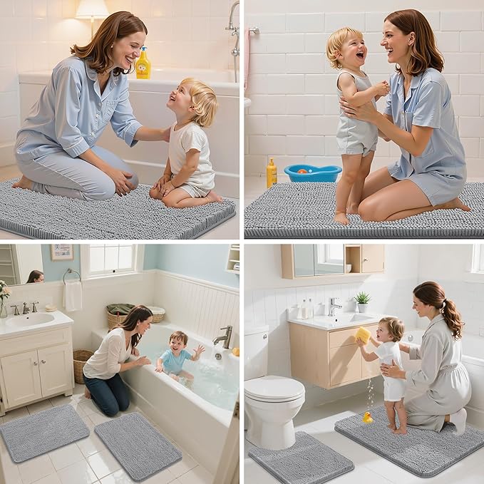 Arotive Bathroom Rugs 24x16, Extra Soft Absorbent Shaggy Chenille Bath Rugs, Machine Washable Rubber Backing Non-Slip Bath Mats for Bathroom Floor Tub and Shower, Home Decor Accessories, Light Grey