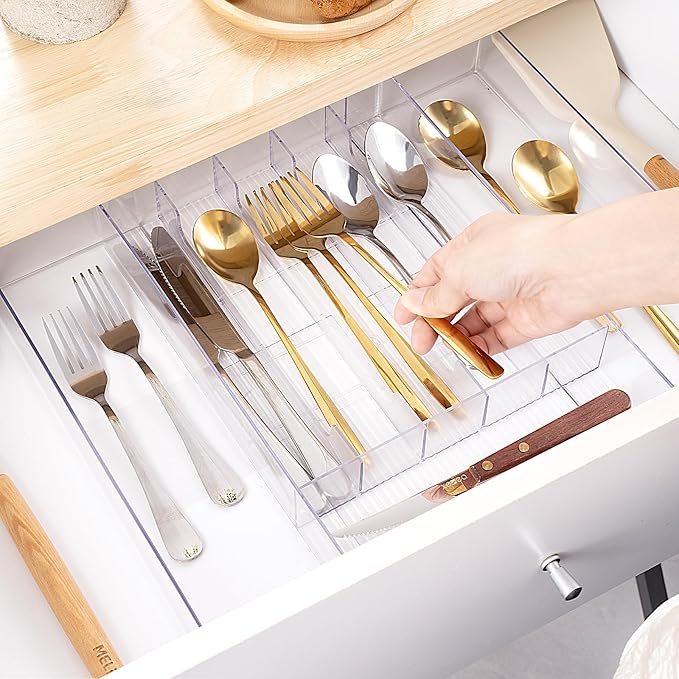 HOMEE Expandable Kitchen Drawer Organizer for Flatware & Utensils, Acrylic Cutlery Organizer, Desk Drawer Organizer