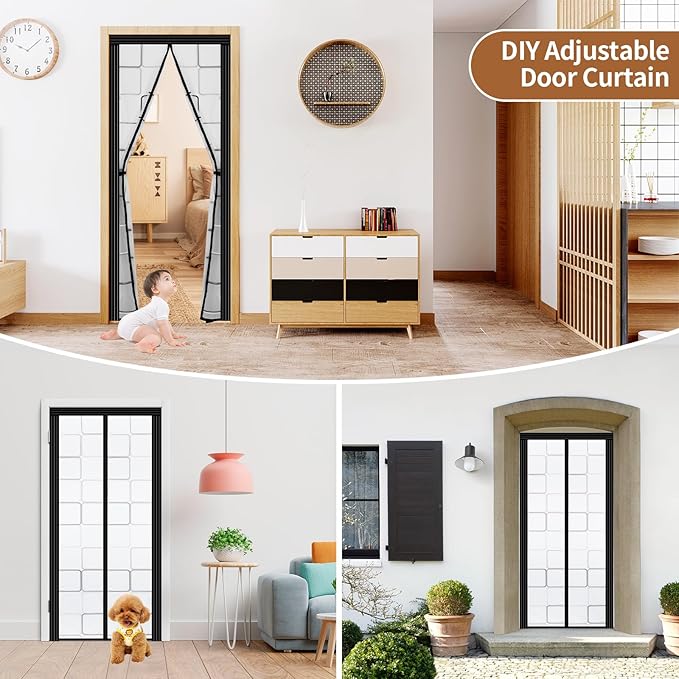 DIY Adjustable Insulated Door Curtain Fit Doors Size Width 29" - 34" Height 79" - 82"- Reinforced Self Sealing Magnetic Screen Door, Hands Free Door Screen with Closure Weighted Bottom, Grey