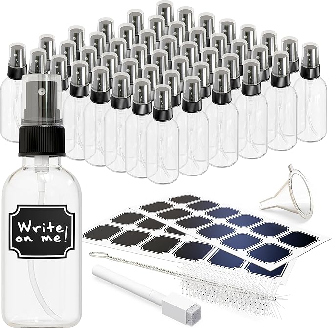 Nevlers Clear Glass Spray Bottles 2 Oz 48 Pack | Empty Spray Bottles Mist Sprayer Set with Funnel, Brush & More | Mist Bottle For Use As Atomizer Sprayer for Perfume & Cologne Travel Bottle