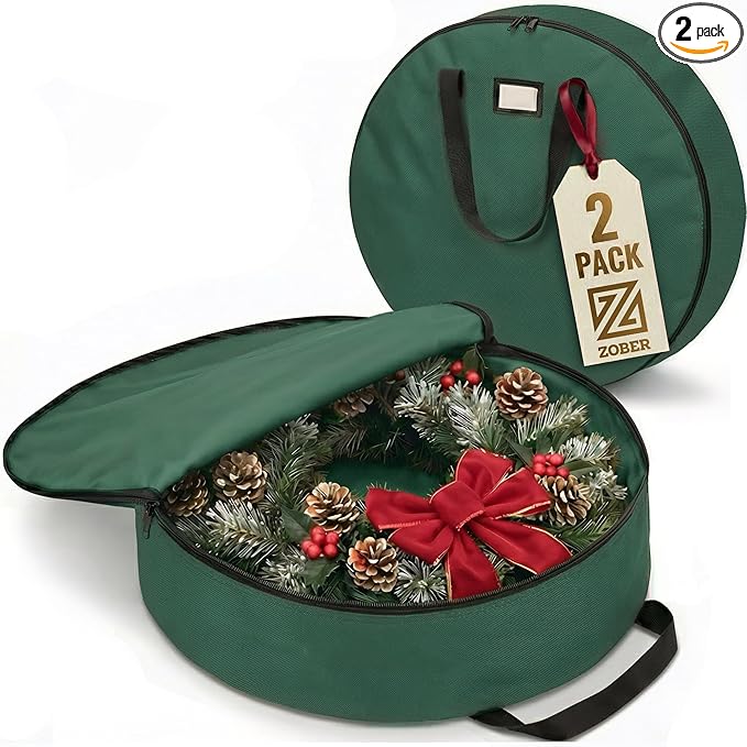 ZOBER 2 Pack Oxford Christmas Wreath Storage Container 36 Inch - Wreath Bag for Artificial Wreaths Box - Waterproof Fabric, Dual Zippered Wreaths Storage Bag With Strong Durable Handles - Green
