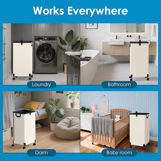 2Pcs Laundry Basket With Wheels 105L, Large Rolling Laundry Hamper With Removable Bag, Metal Frame Collapsible Dirty Clothes Bin, Cloth Organizer Hampers Pull Handle For Bathroom, Dorm, Bedroom White