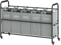Tajsoon Laundry Sorter, Laundry Hamper 5 Section with Heavy Duty Rolling Lockable Wheels, Laundry Basket Organizer with Removable Bags for Dirty Clothes Storage, Grey