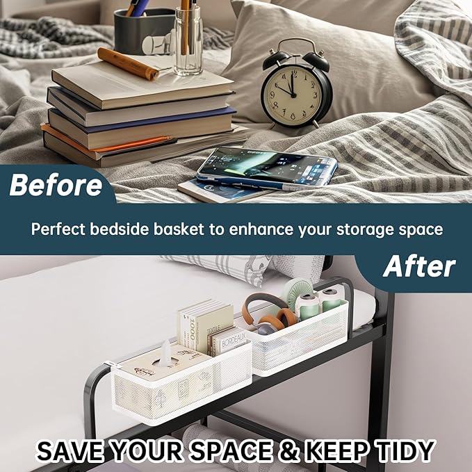 Bedside Caddy Shelf for Bunk Bed & Dorm, Adjustable Bunk Bed Caddy Holder for Top Bunk, Rails, Cribs, Bedside Shelf Organizer for Phone/Books/Drinks (White, L(L11in*W4.9in*H3.93in))