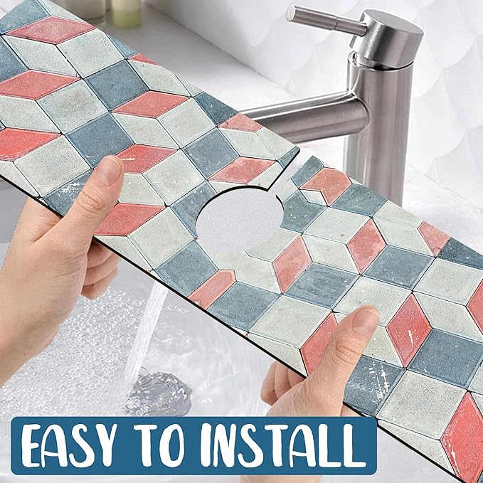 Red Gray Tile Kitchen Sink Splash Guard Faucet Mat Red White Diamond Super Absorbent Fast Drying Mat Sink Splash Guard Behind Faucet for Kitchen Bathroom, 23.5"x5.5"