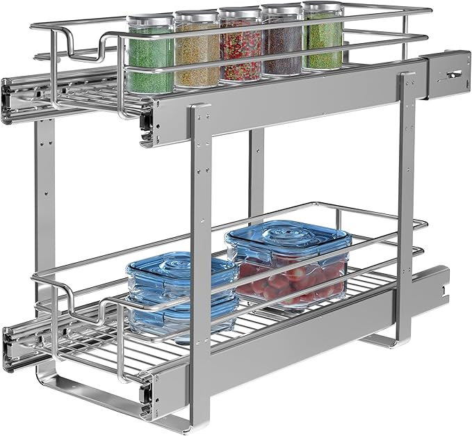 JOWBOOW 2-Tier Individual Cabinet Pull Out Shelves (9" W x 22" D), Slide Out Kitchen Panty Narrow Cabinet Storage Sliding Shelves