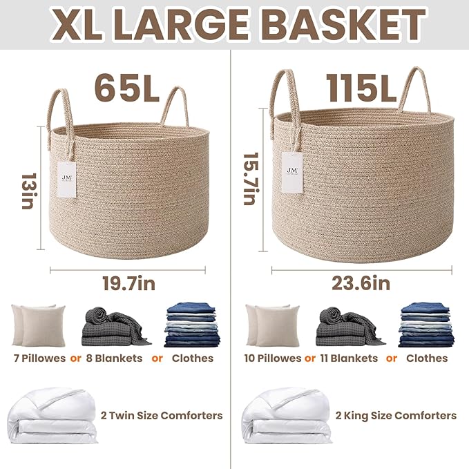 115L Extra Large Blanket Basket for Living Room - Woven Cotton Rope Laundry Hamper with Reinforced Handles - Storage Bin for Pillows, Comforters & Toys - Machine Washable,Oatmeal