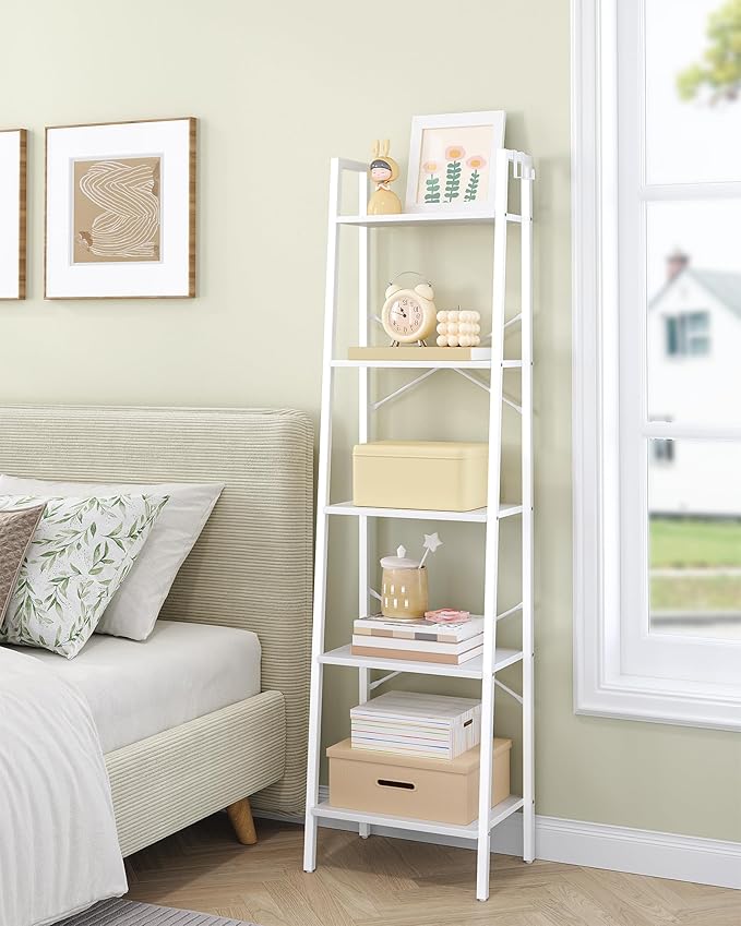Ladder Shelf, Bookshelf Bookcase, Freestanding Corner Storage Shelve with 2 Hooks for Home Office, Living Room, Kitchen, Bedroom, Industrial, 11.8" D x 17.3" W x 63" H, White BC19213W
