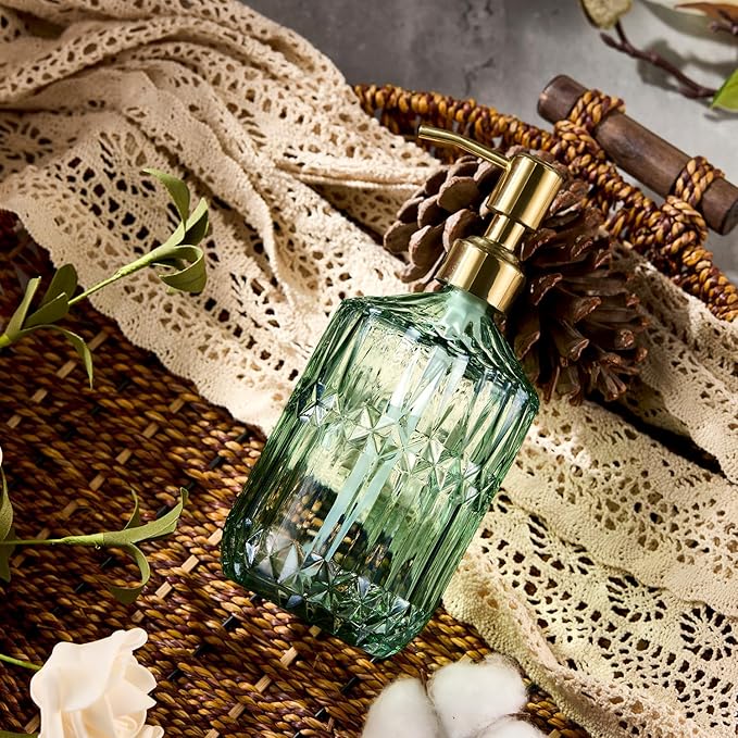 17 Oz Green Glass Kitchen Soap Dispenser for Dish Soap, 2 Pack Bathroom Soap Dispenser Set with Gold Rust Proof Pump for Lotion, Hand soap or Body Wash