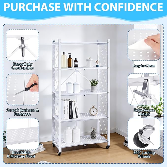 5-Tier Foldable Storage Shelf with Wheels, Metal Collapsible Shelving Unit, Heavy-Duty Rolling Cart for Kitchen Pantry Garage Office, Pre-Assembled Organizer Rack – White