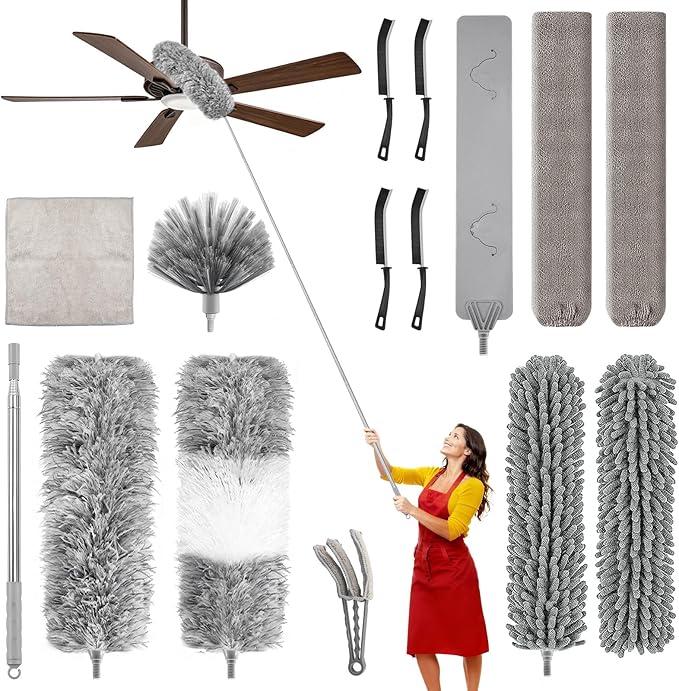 Professional 14-in-1 Cleaning System with 100-inch Pole, 4 Duster Heads, Flat & Cobweb Tools for Ceiling to Floor