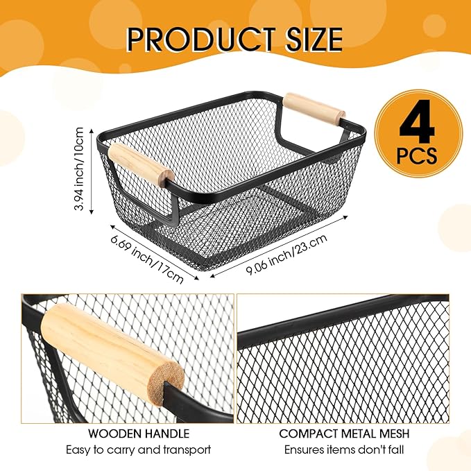 4 Pcs Metal Wire Basket with Wooden Handles Mesh Steel Storage Organizer Bin Containers for Home Organizing Cabinet Pantry Closet Kitchen Fridge Fruit Makeup Snacks Gifts(Small,Black)