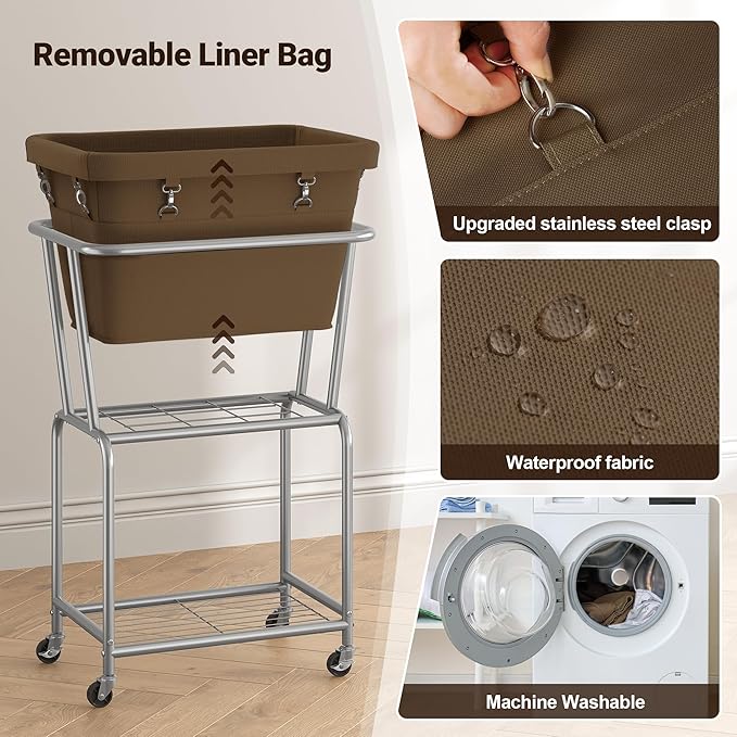 ELYKEN Laundry Cart with Wheels, Rolling Laundry Hamper with Removable Bag and Shelf, Metal Frame Laundry Basket with 4 Casters and 2 Brakes, Ideal for Bedroom, Bathroom, Laundry Room, Camel Brown
